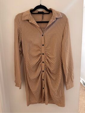 PrettyLittleThing Beige Checked Shirt Dress